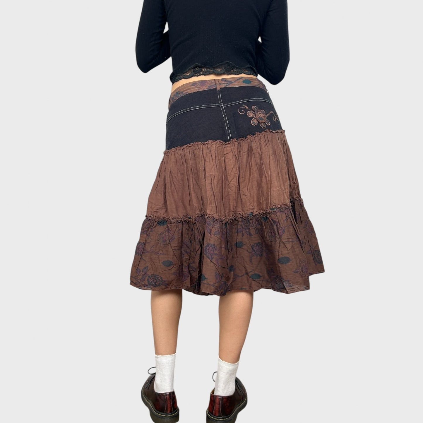 Brown Contrast Flower Midi Skirt - M/L