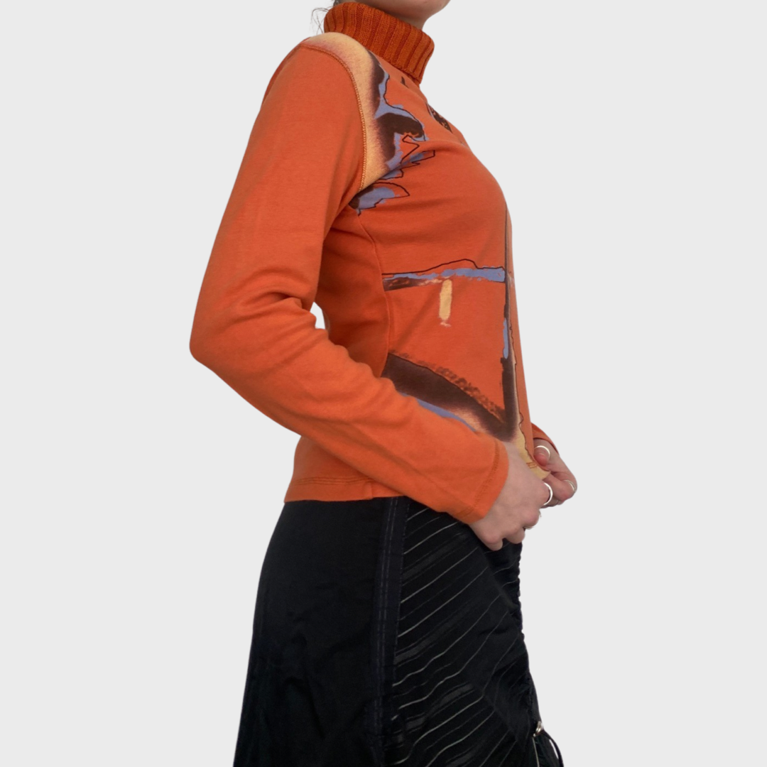 Vintage graphic print orange roll neck top