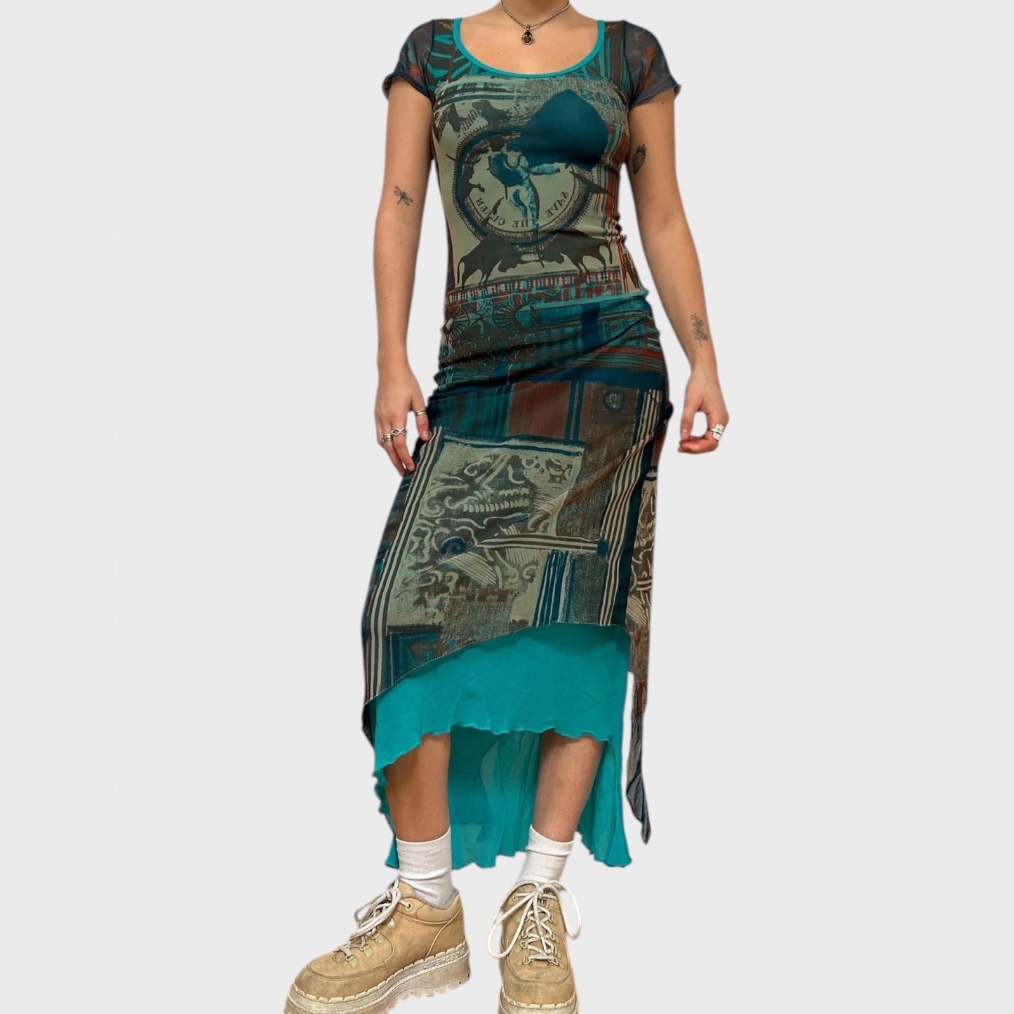 Rare Save the Queen Graphic Mesh Maxi Dress