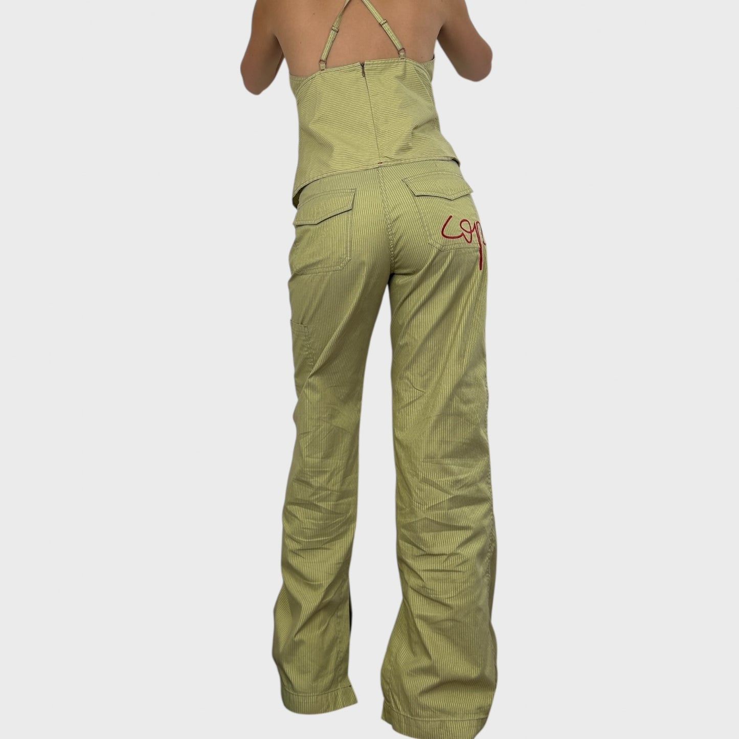 Cop Copine Green Striped Wide Leg Logo Trousers - M/L