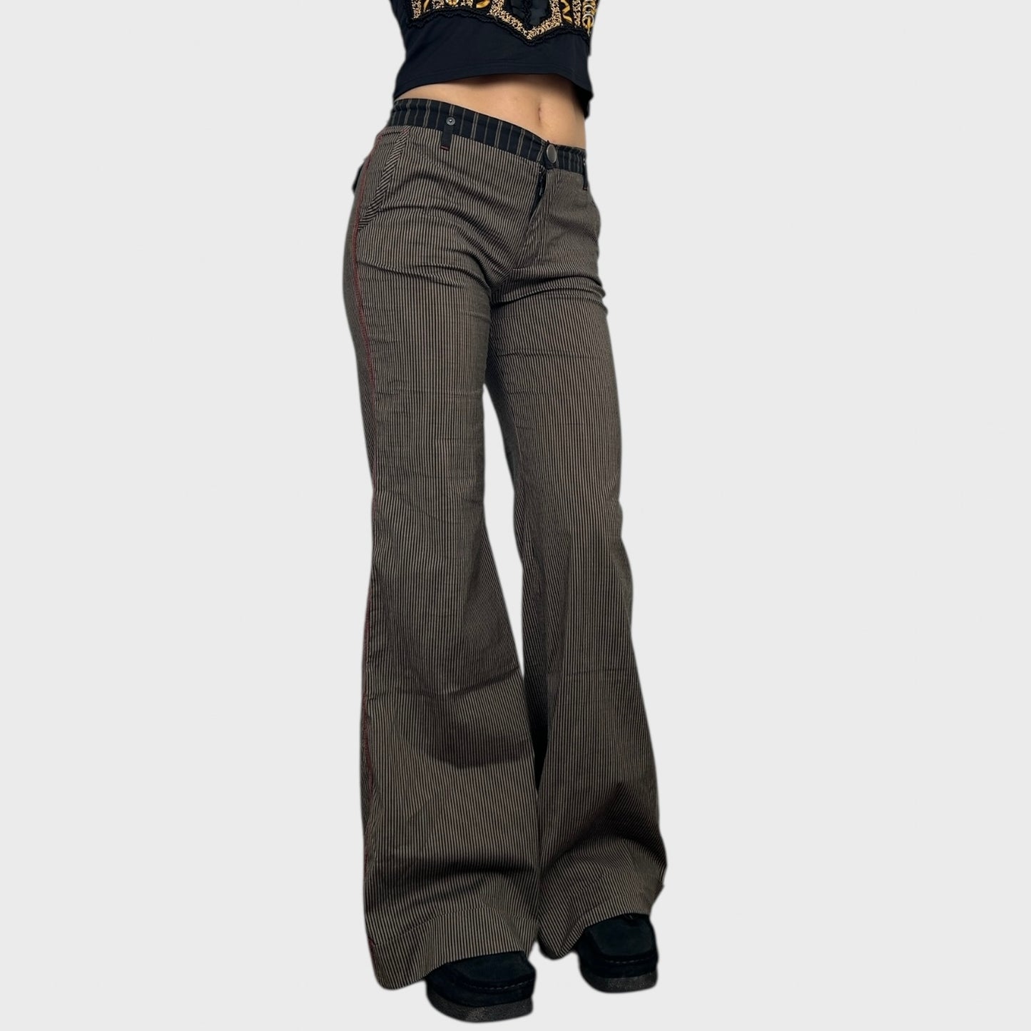 Cop Copine Brown Pinstripe Wide Leg Trousers - S