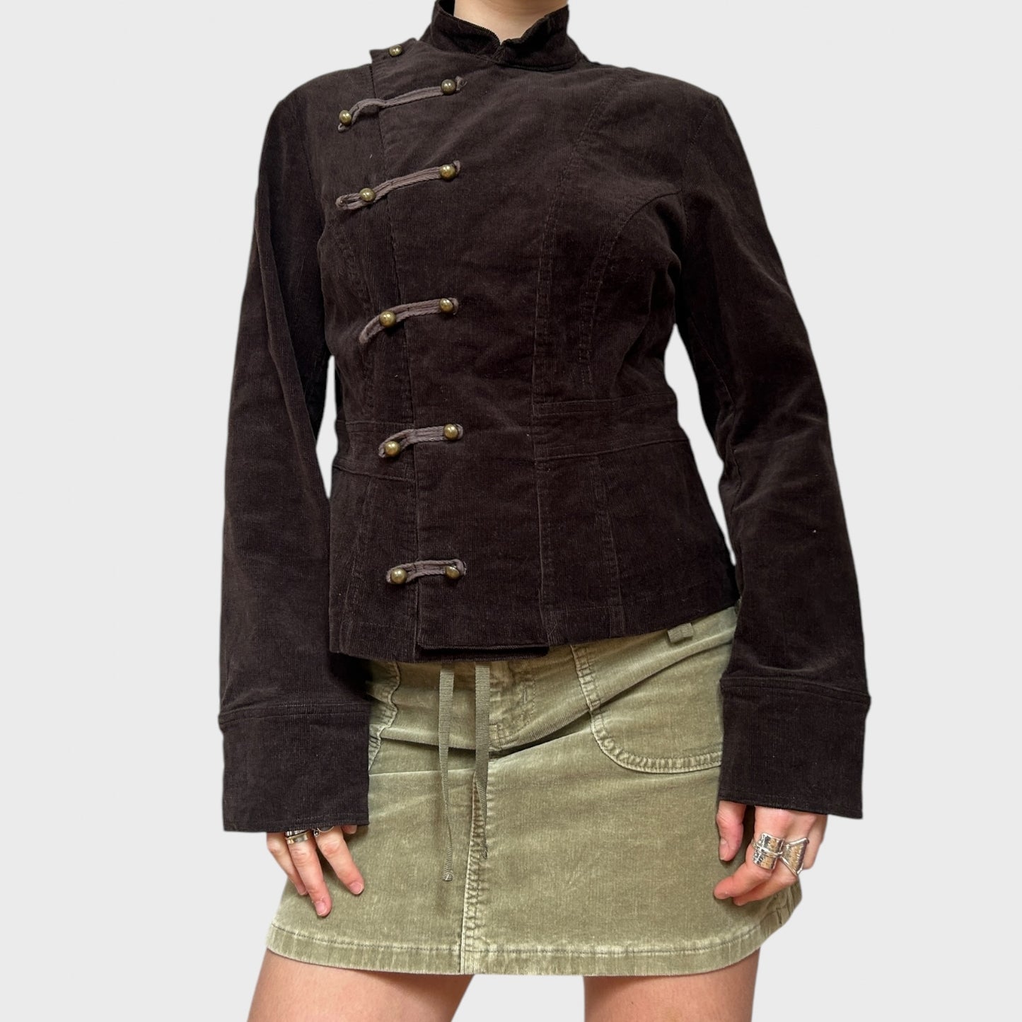 Brown Corduroy Military-Style Button Jacket