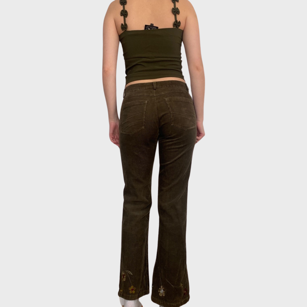 Brown corduroy floral embroidered trousers