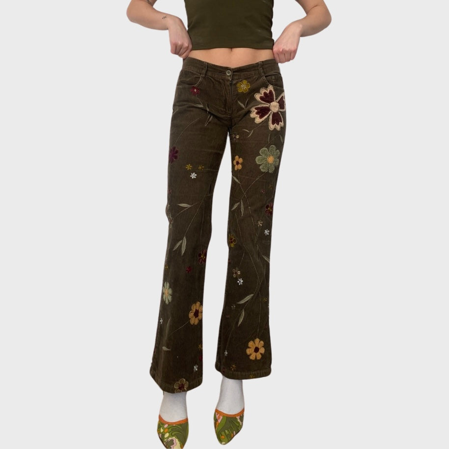 Brown corduroy floral embroidered trousers