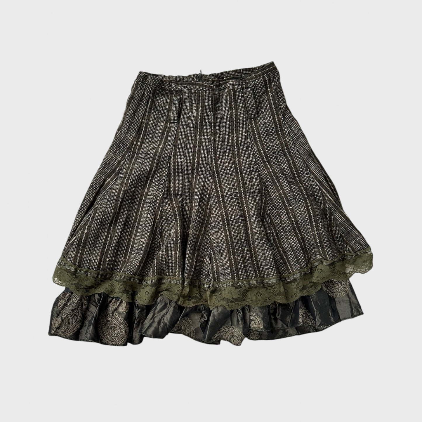 Khaki Brown Midi Layered Skirt with Lace Hem Details