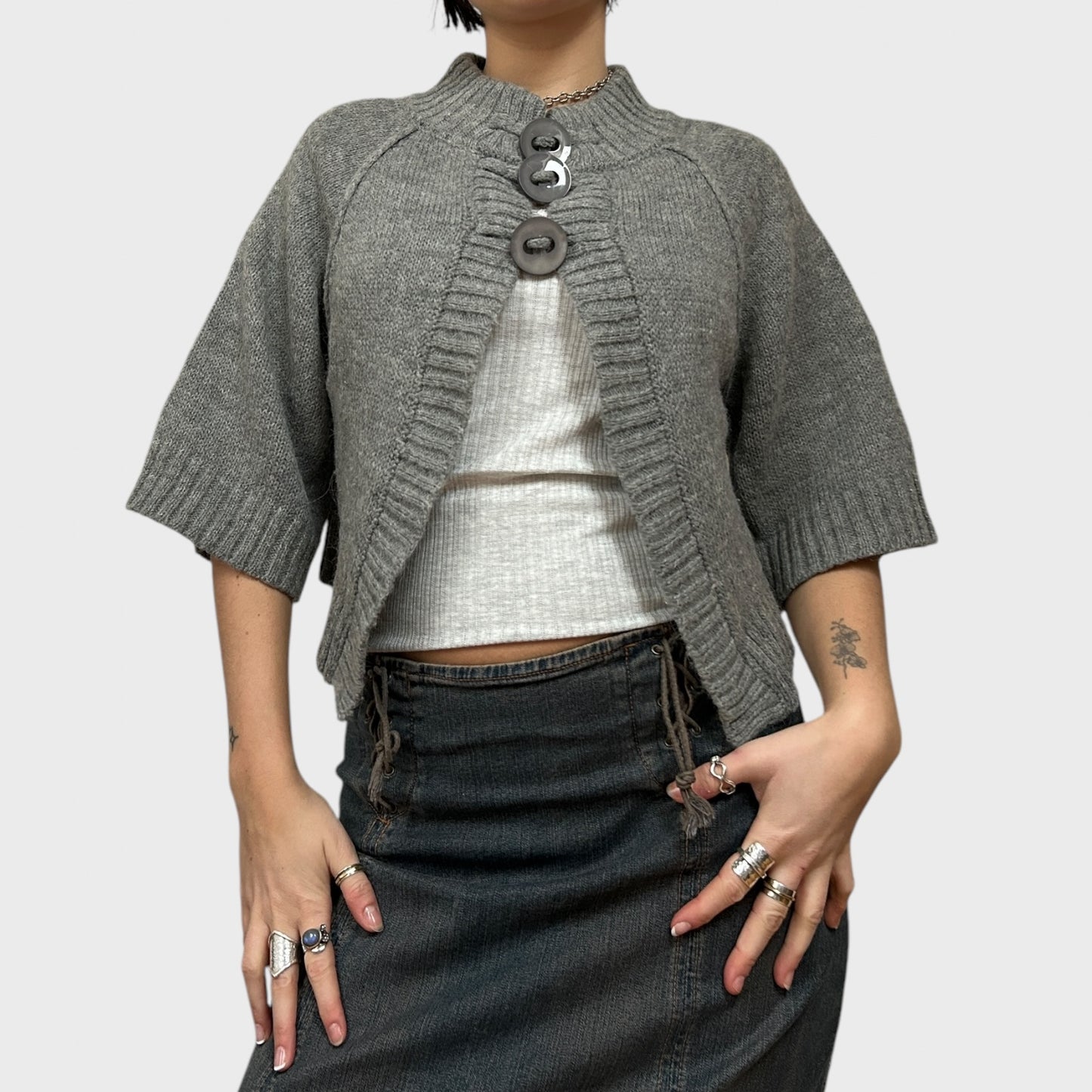 Grey Button-Up Split Hem Cardigan