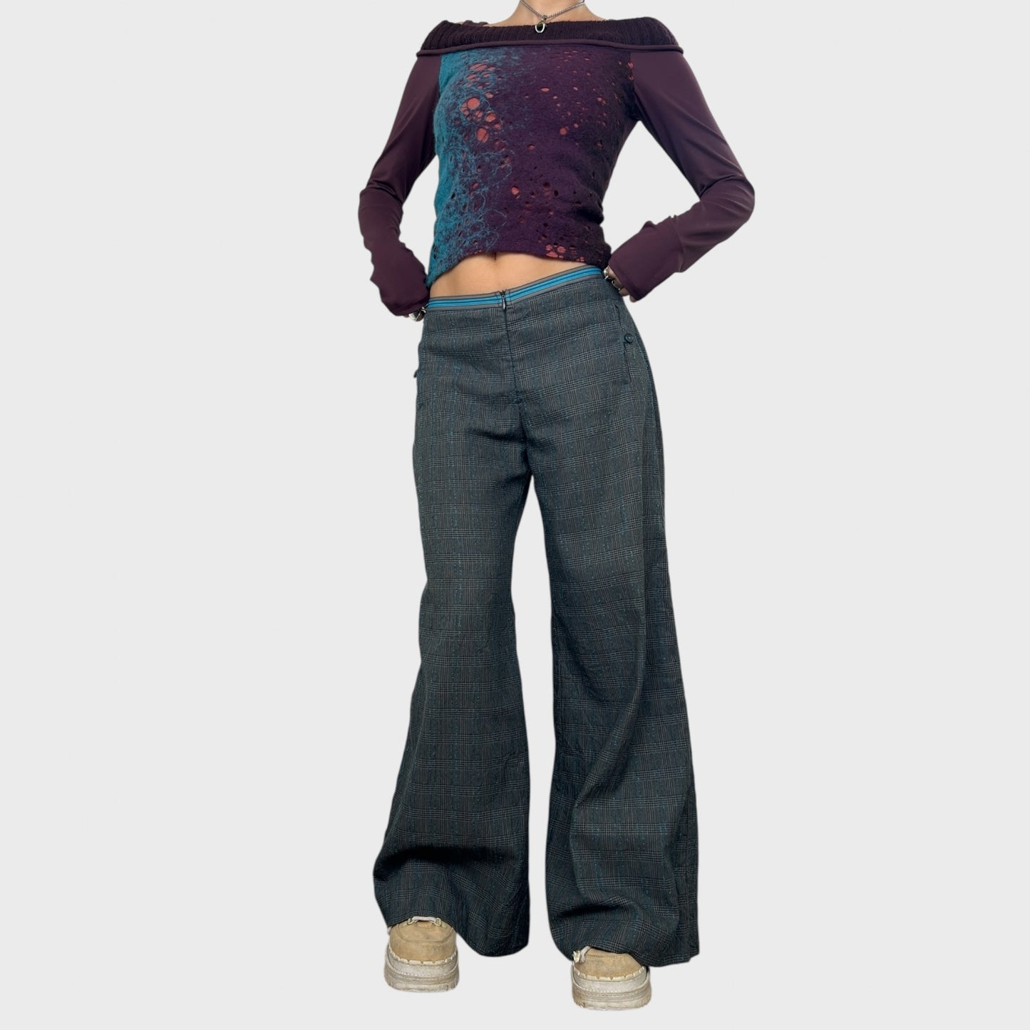 Cop Copine Grey and Blue Wide Leg Trousers - S/M