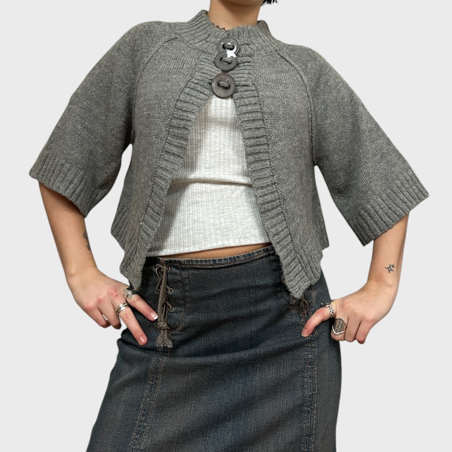 Grey Button-Up Split Hem Cardigan