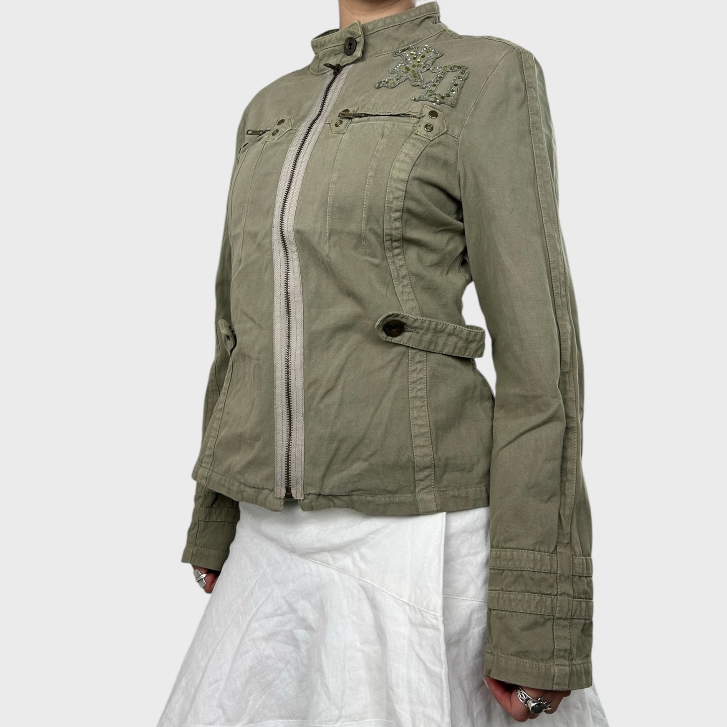 Khaki Utility-Style Zip-Up Jacket - M