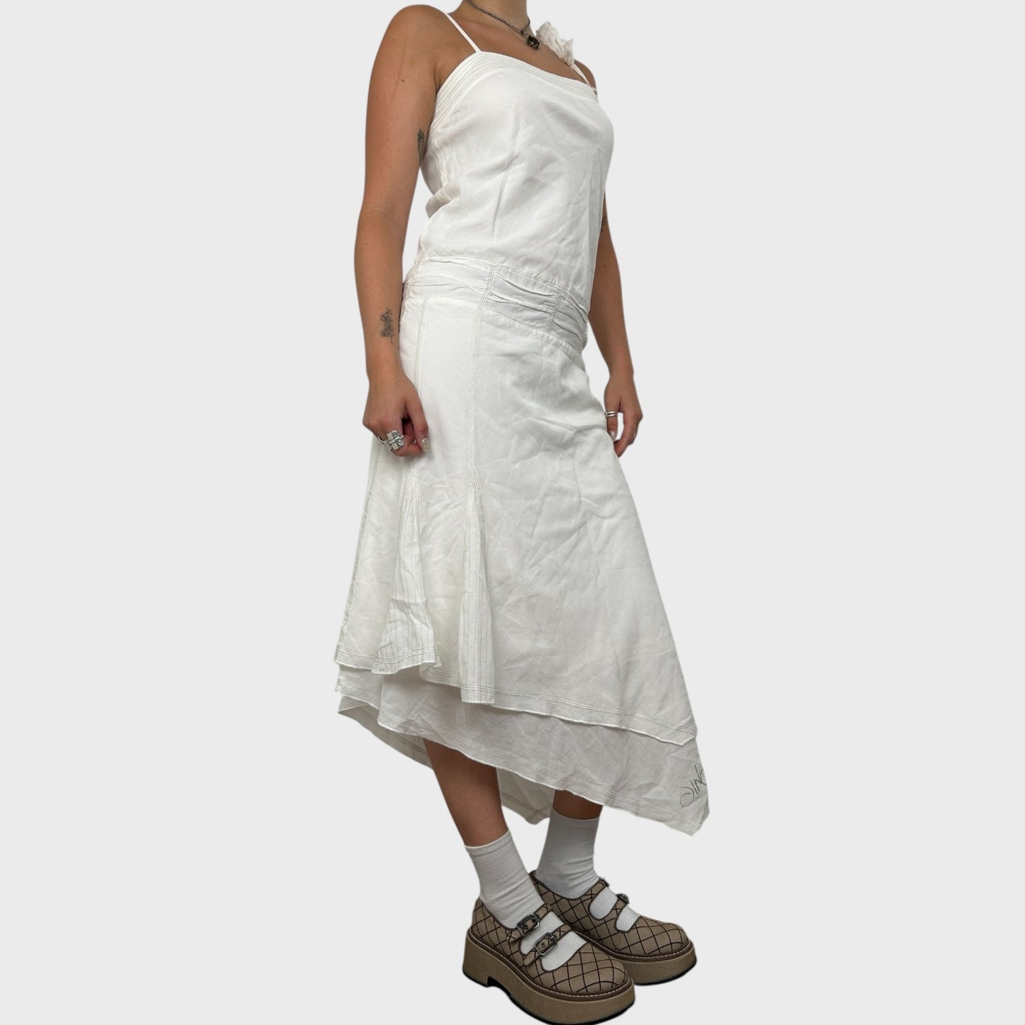 White Cop Copine Asymmetric Frilly Midi Dress - S/M