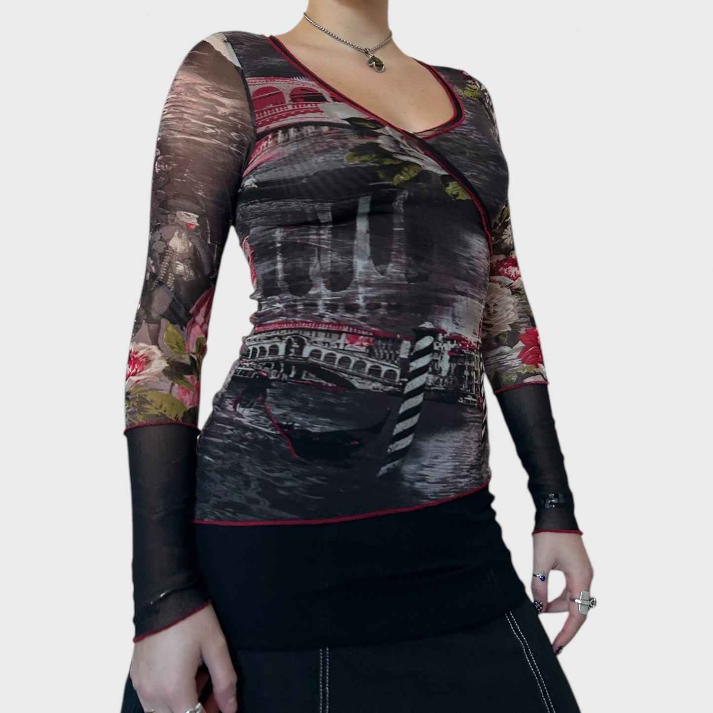 Asymmetrical floral mesh longsleeved top