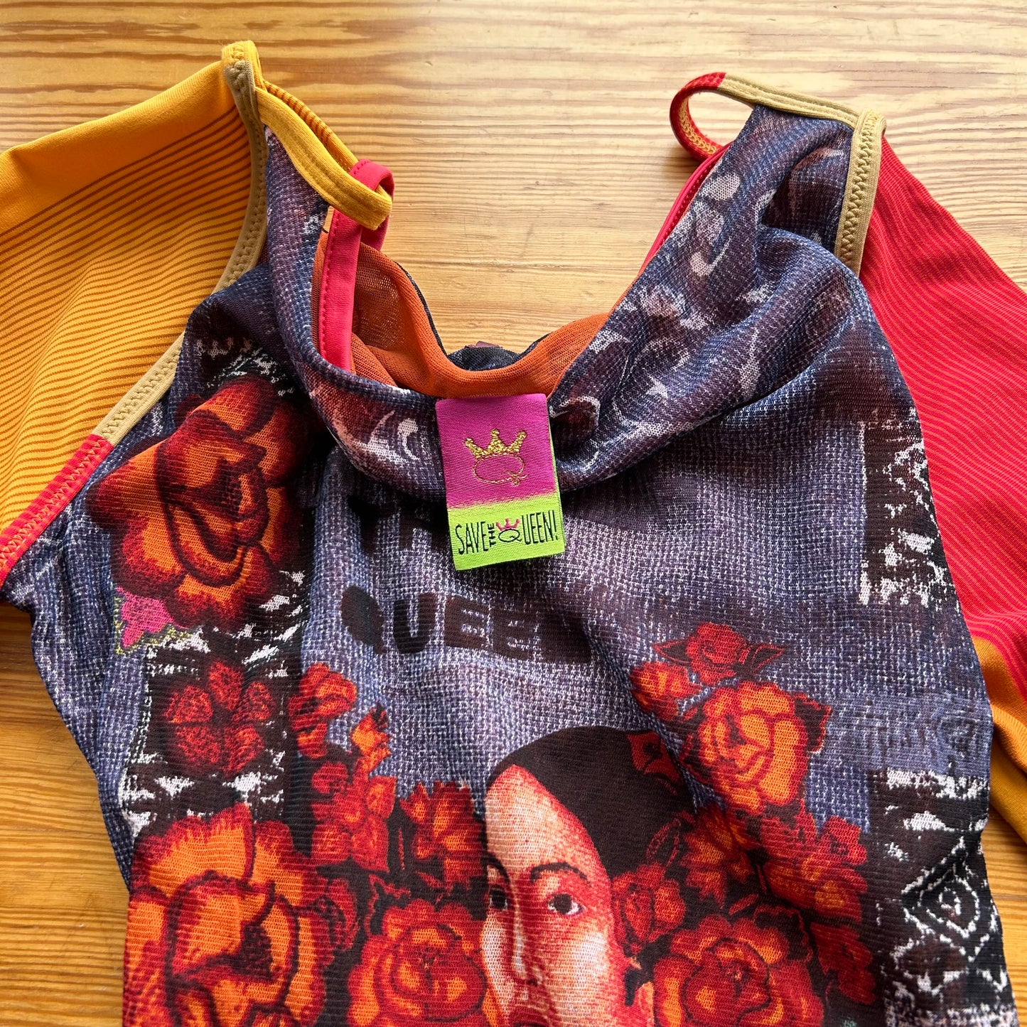 Save the Queen Graphic Face Print Mesh Top - S/M