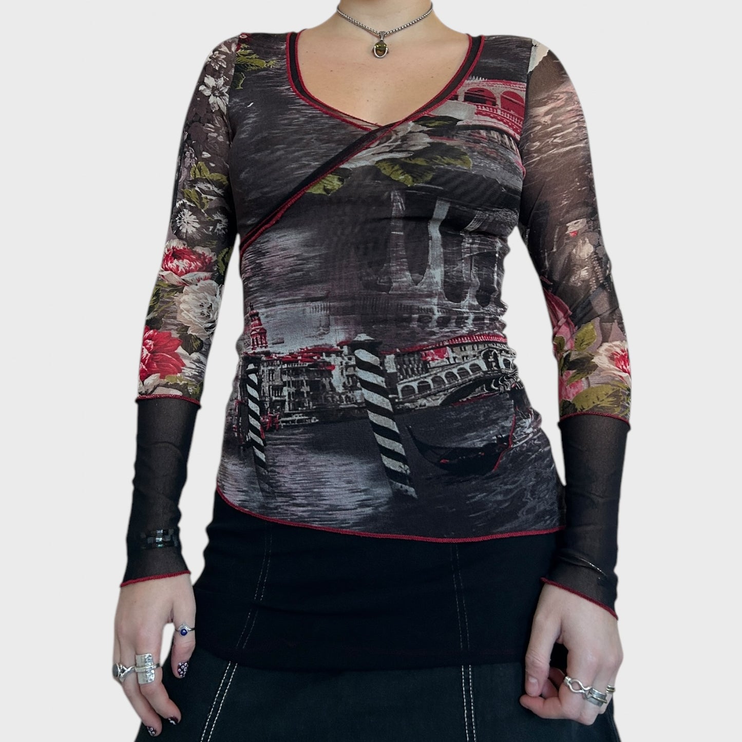 Asymmetrical floral mesh longsleeved top