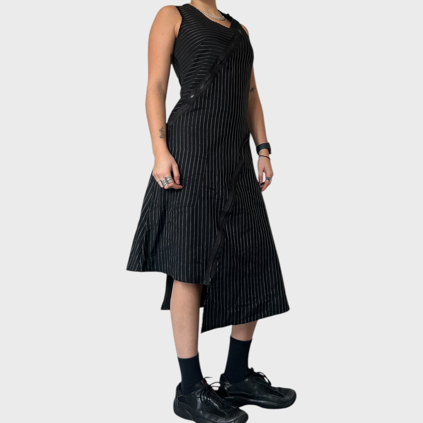 Archival pinstripe asymmetrical midi dress