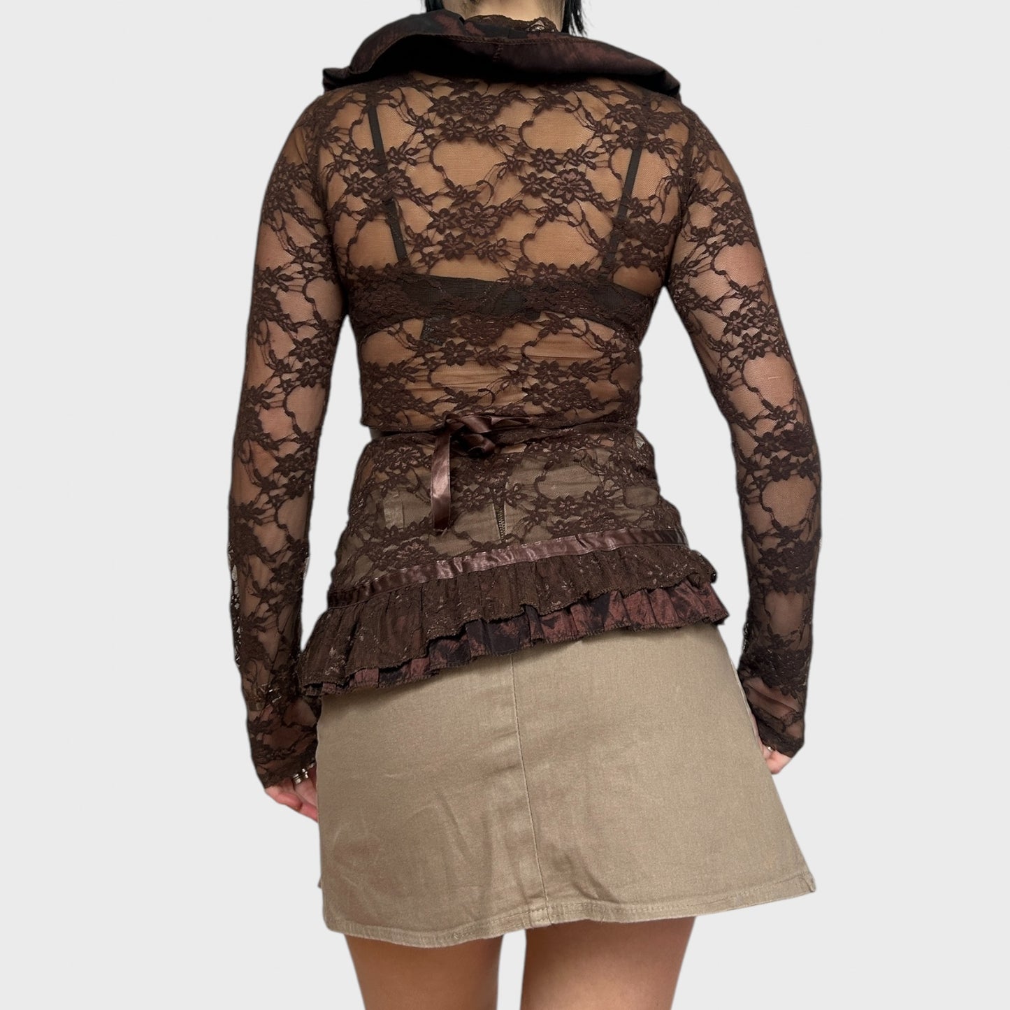Brown Bi-Material Lace Cardigan