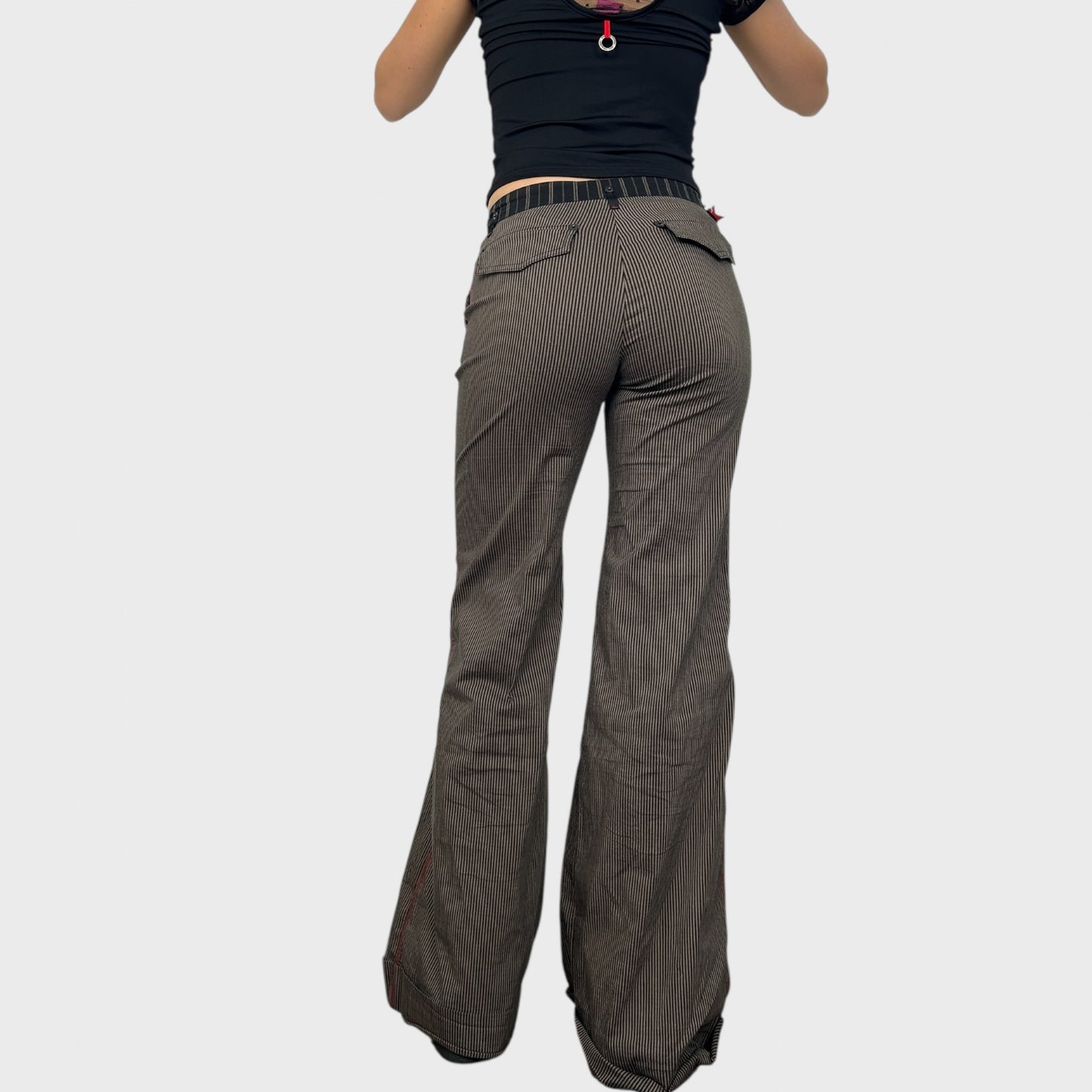 Cop Copine Brown Pinstripe Wide Leg Trousers - S
