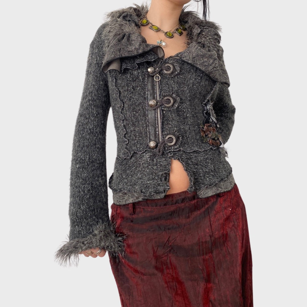 Whimsical goth grey faux fur collar knit cardigan