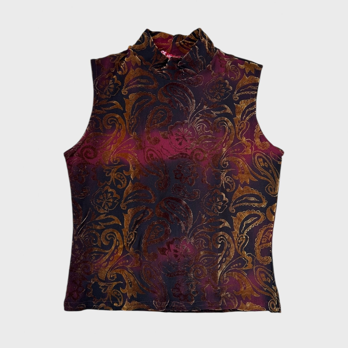 High neck paisley print velvet top