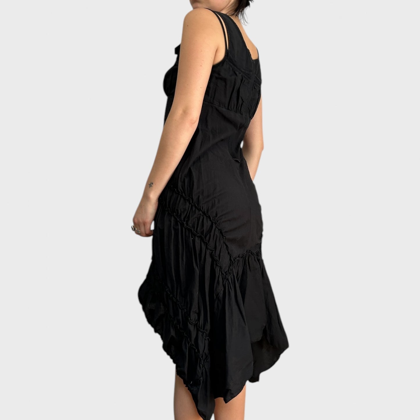 Cop Copine Black Archival Ruched Asymmetric Hem Midi Dress
