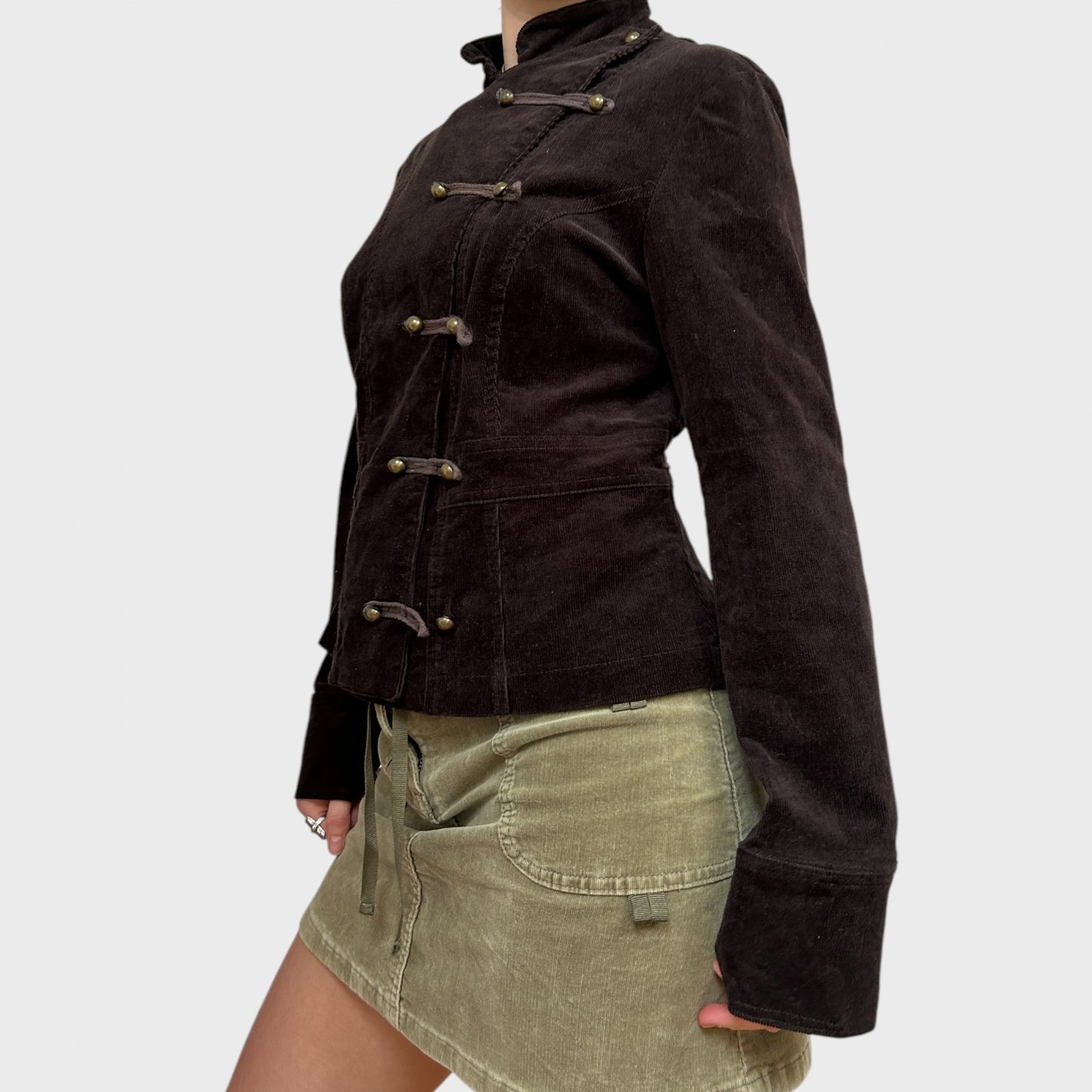 Brown Corduroy Military-Style Button Jacket