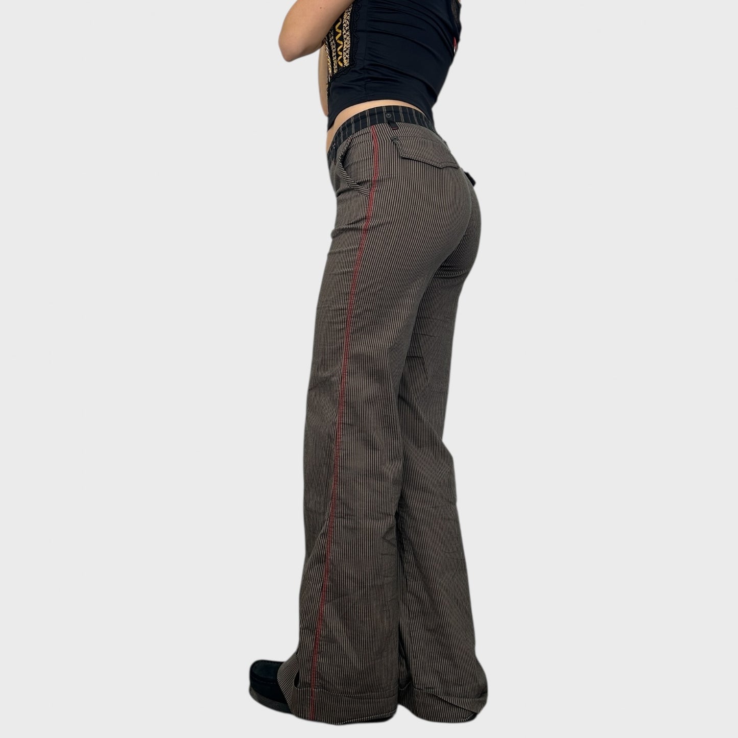 Cop Copine Brown Pinstripe Wide Leg Trousers - S