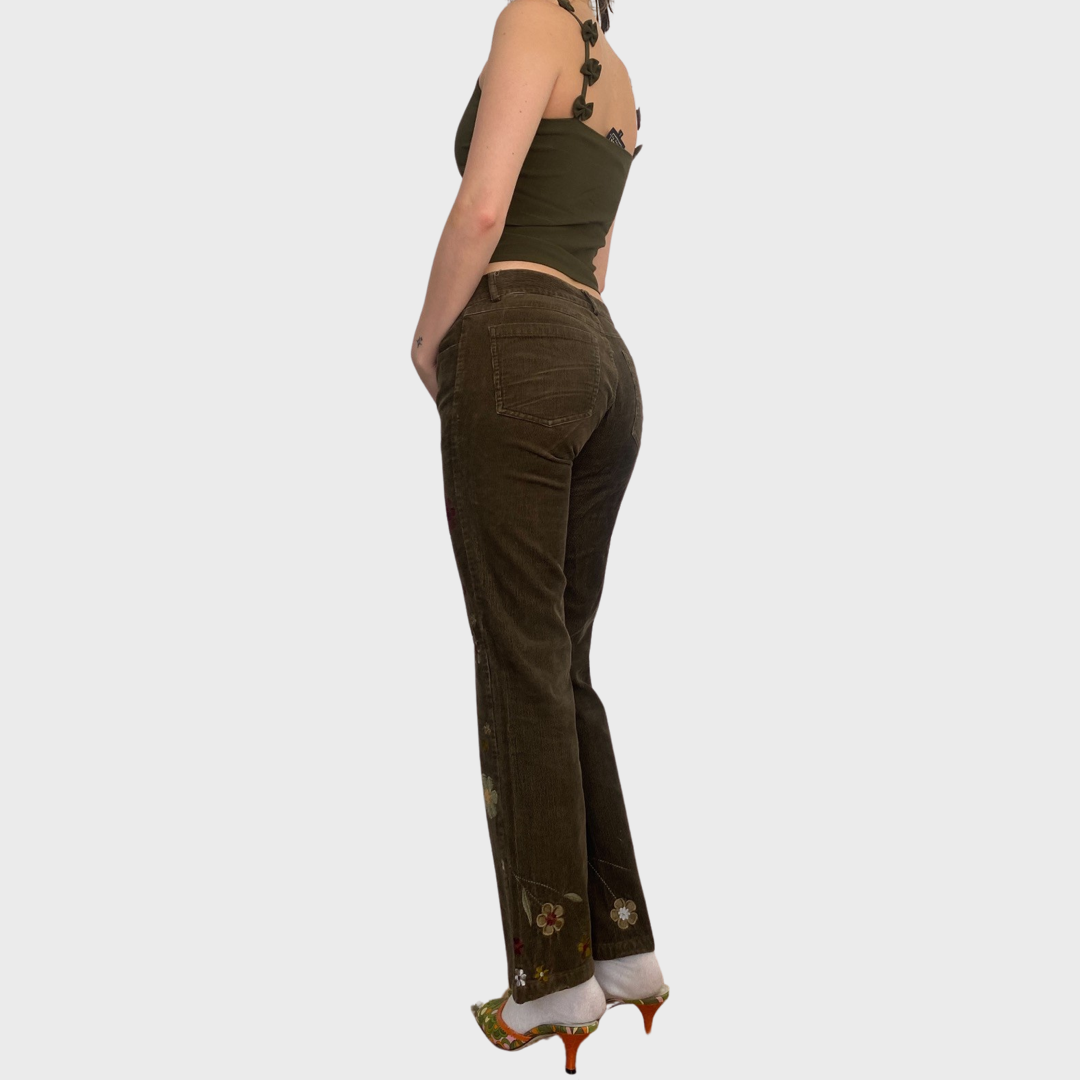 Brown corduroy floral embroidered trousers