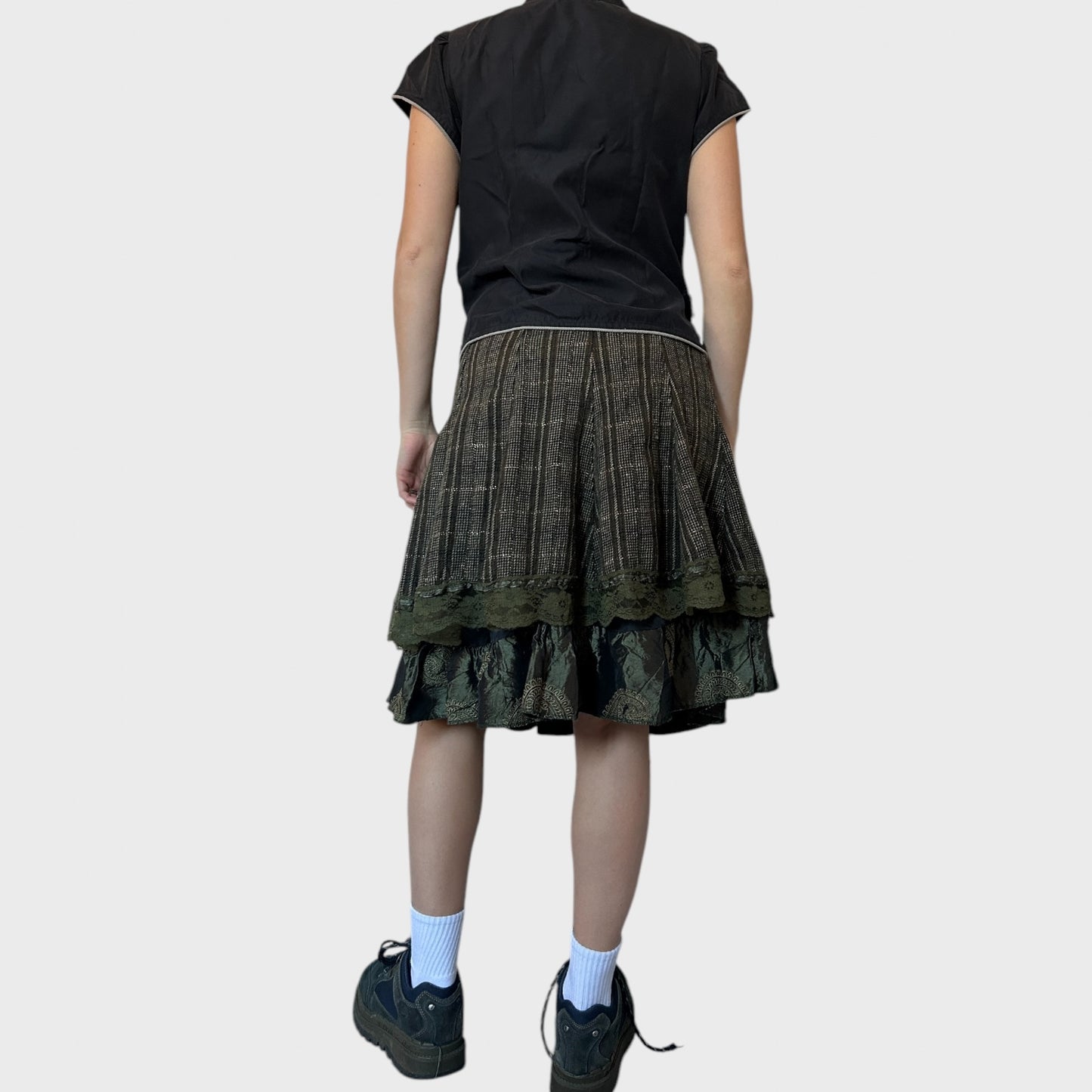 Khaki Brown Midi Layered Skirt with Lace Hem Details