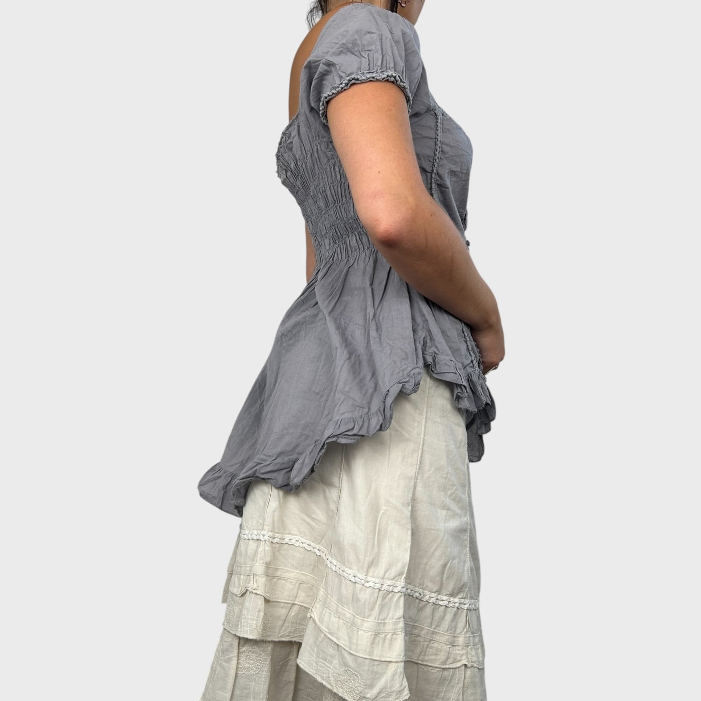 Grey Frilly Boho Bardot Top - M/L