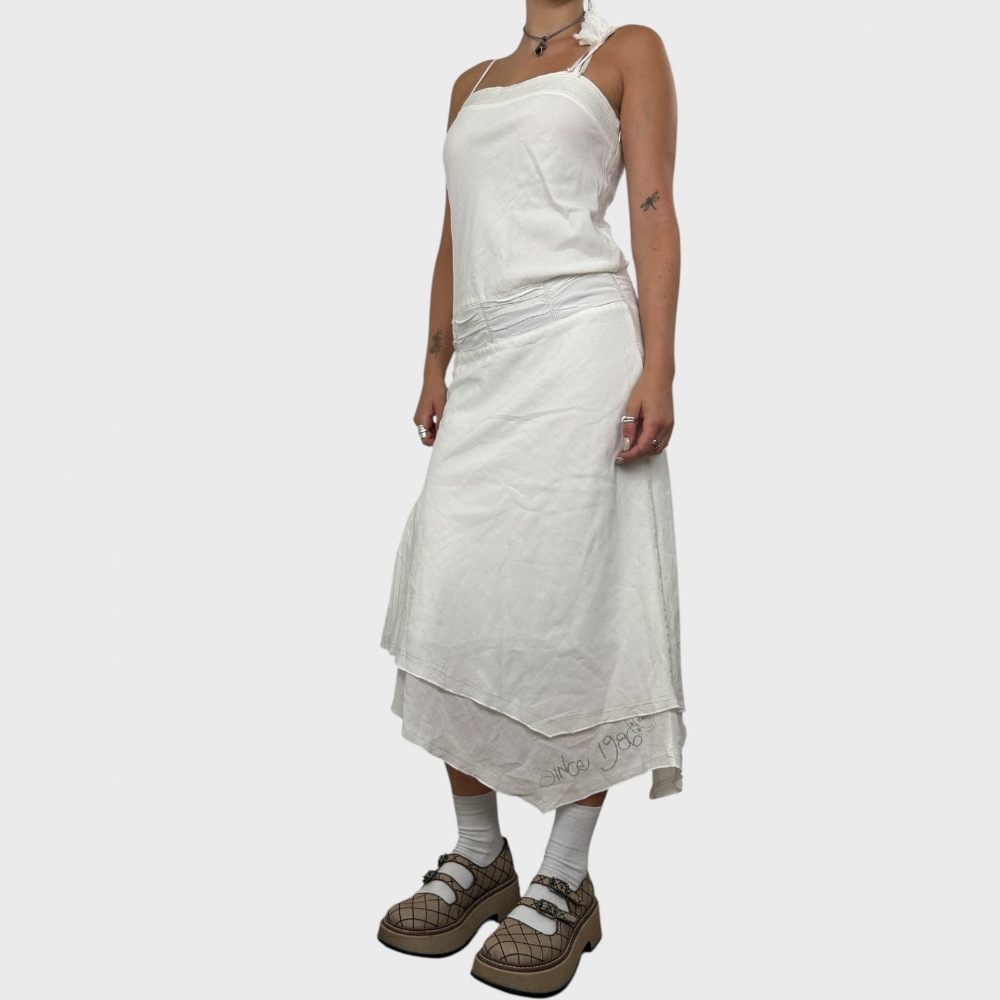 White Cop Copine Asymmetric Frilly Midi Dress - S/M