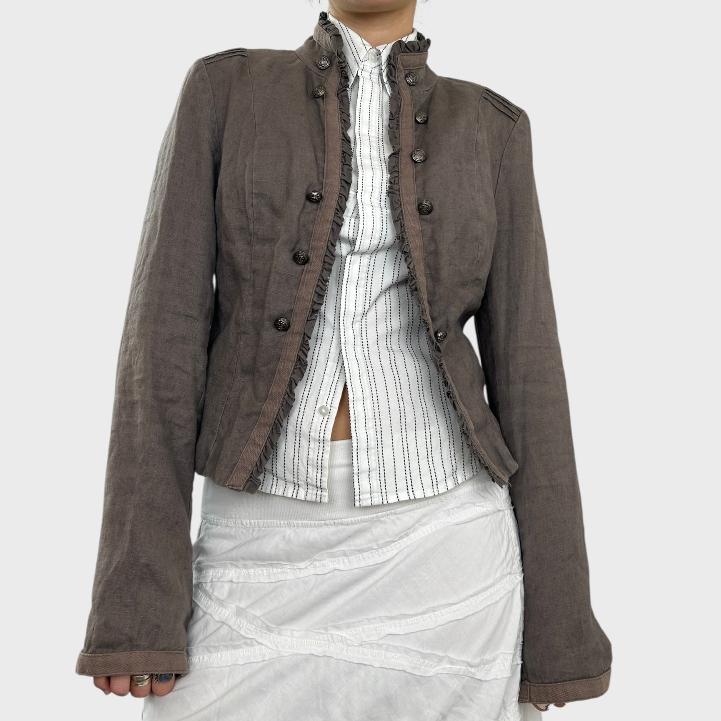 Brown High Neck Linen Jacket - S/M