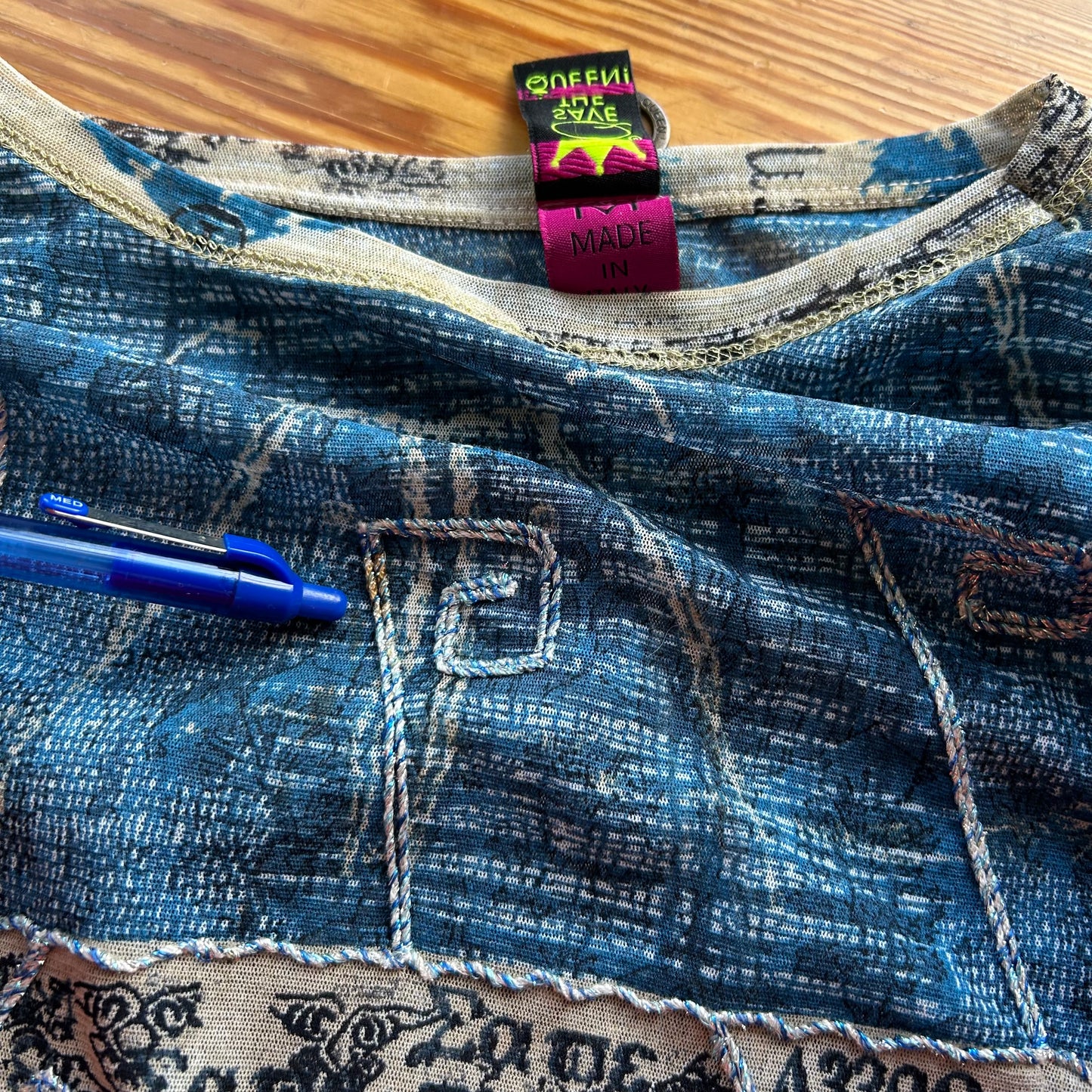 Save the Queen Blue Graphic Long Sleeve Mesh Top - S/M