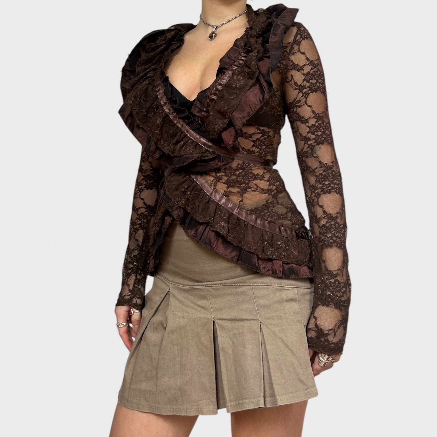 Brown Bi-Material Lace Cardigan