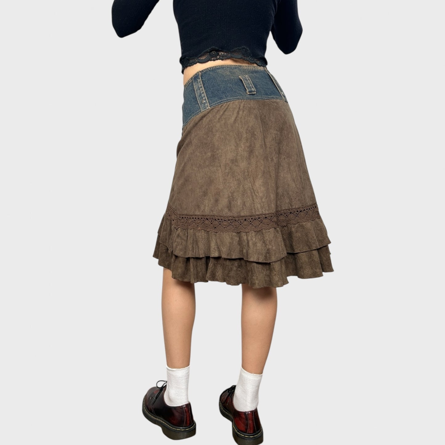 Bi-Material Suede Midi Skirt - S