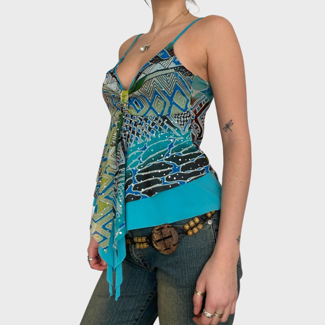 Mesh asymmetric fairy cami top