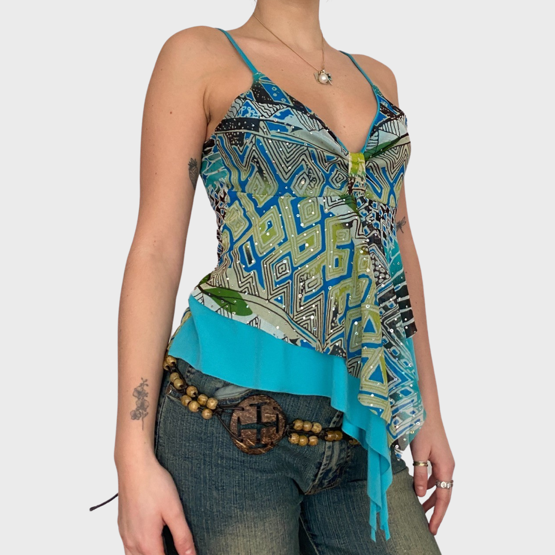 Mesh asymmetric fairy cami top