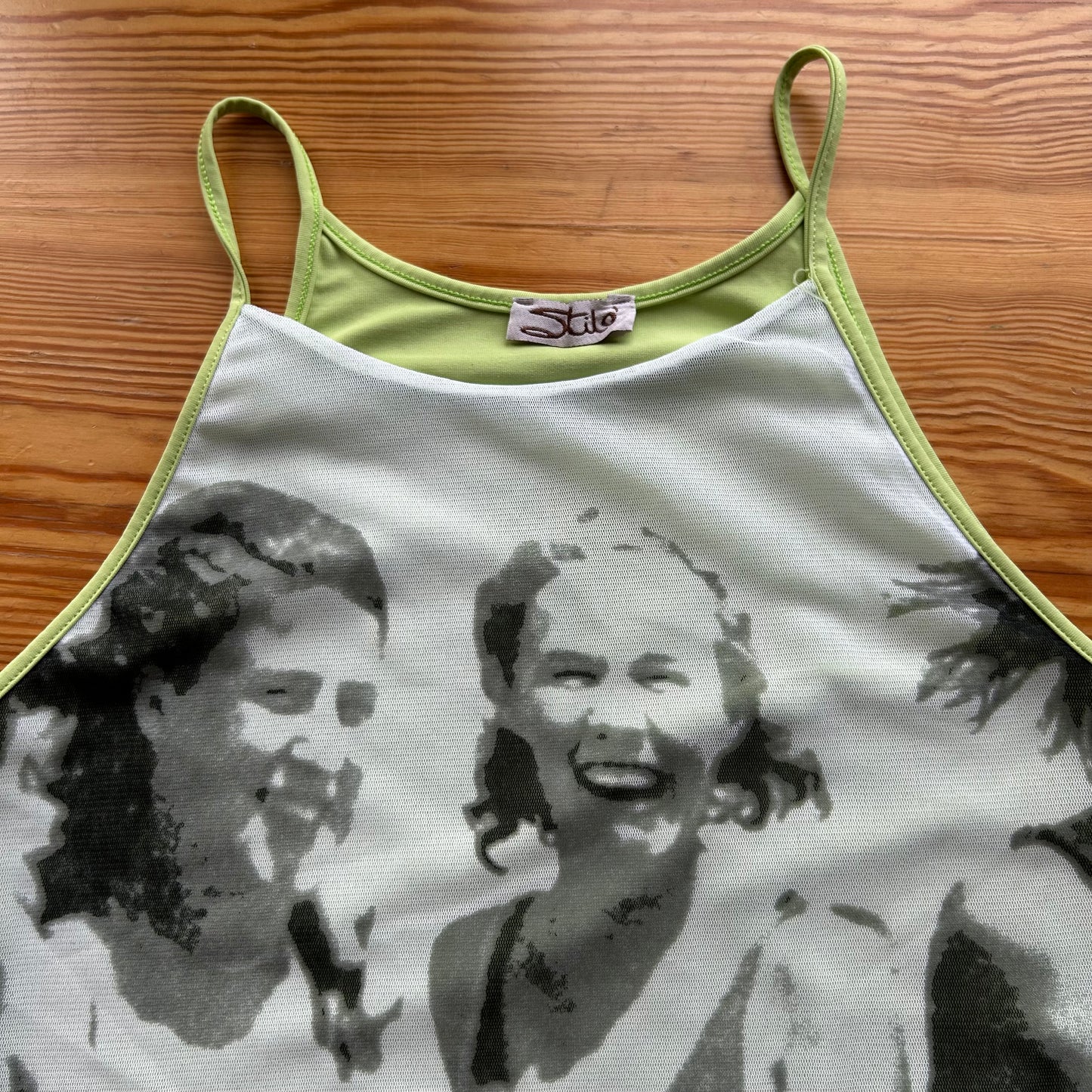 Vintage Green Graphic Mesh Overlay Cami Top - S