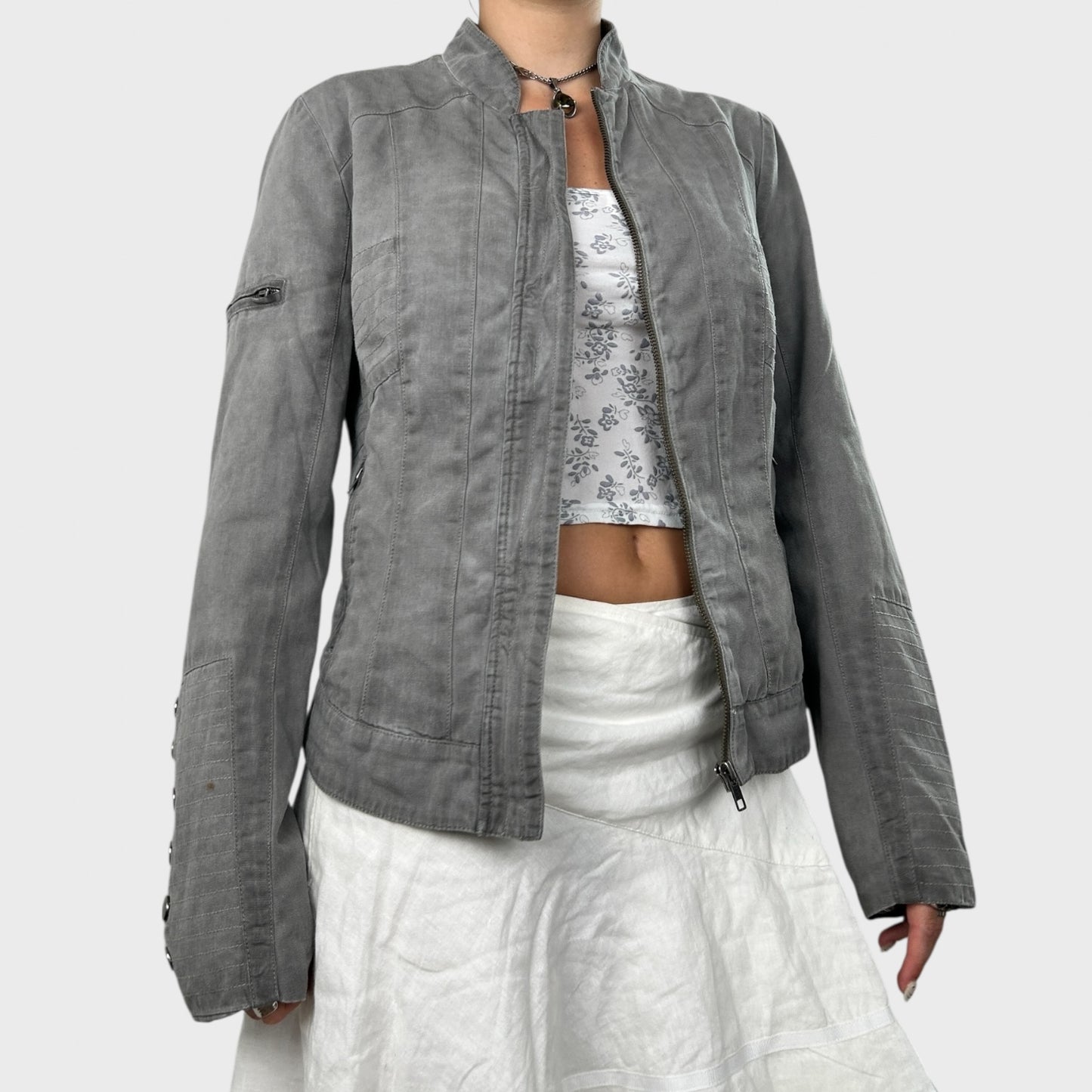 Grey High Neck Zip-Up Jacket - M