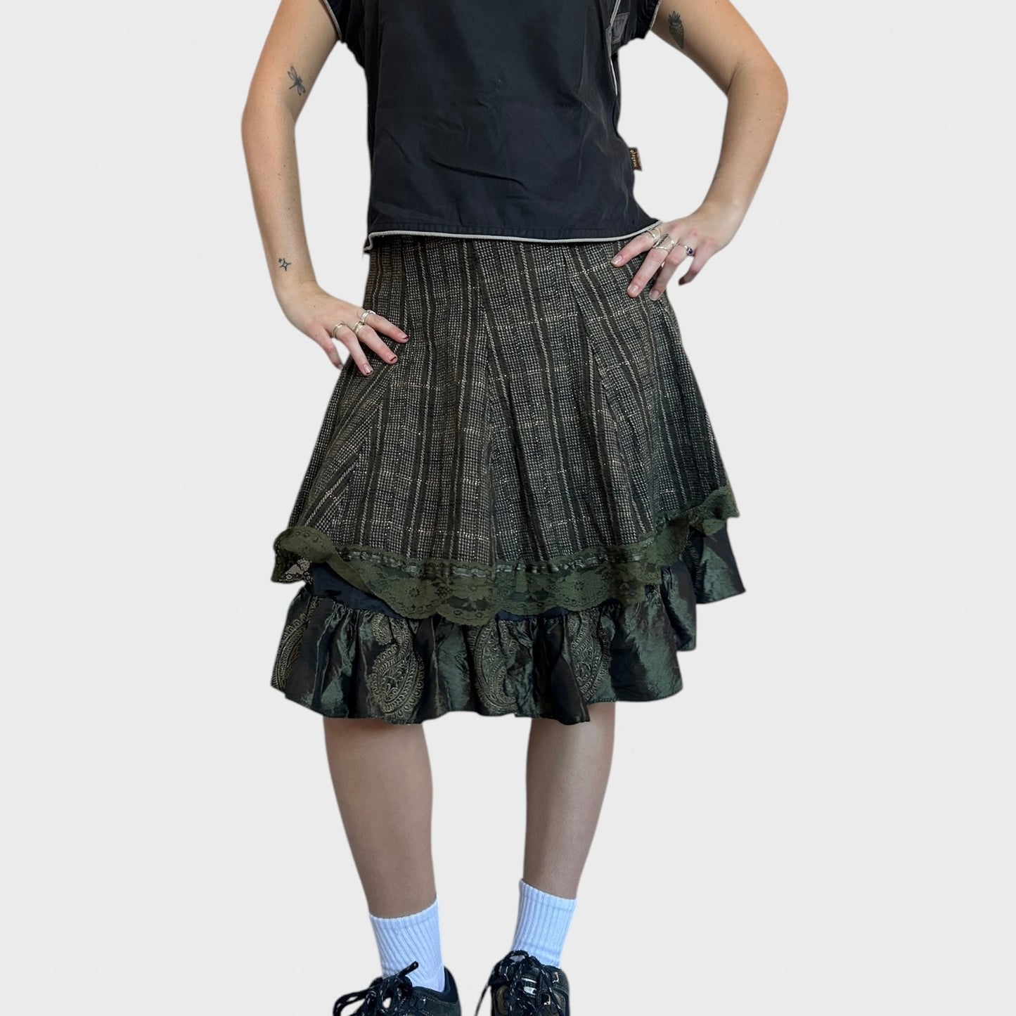Khaki Brown Midi Layered Skirt with Lace Hem Details