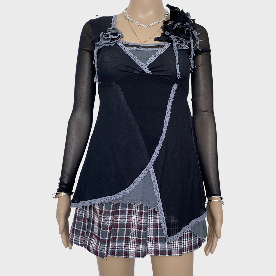 mesh lace asymmetric layered top