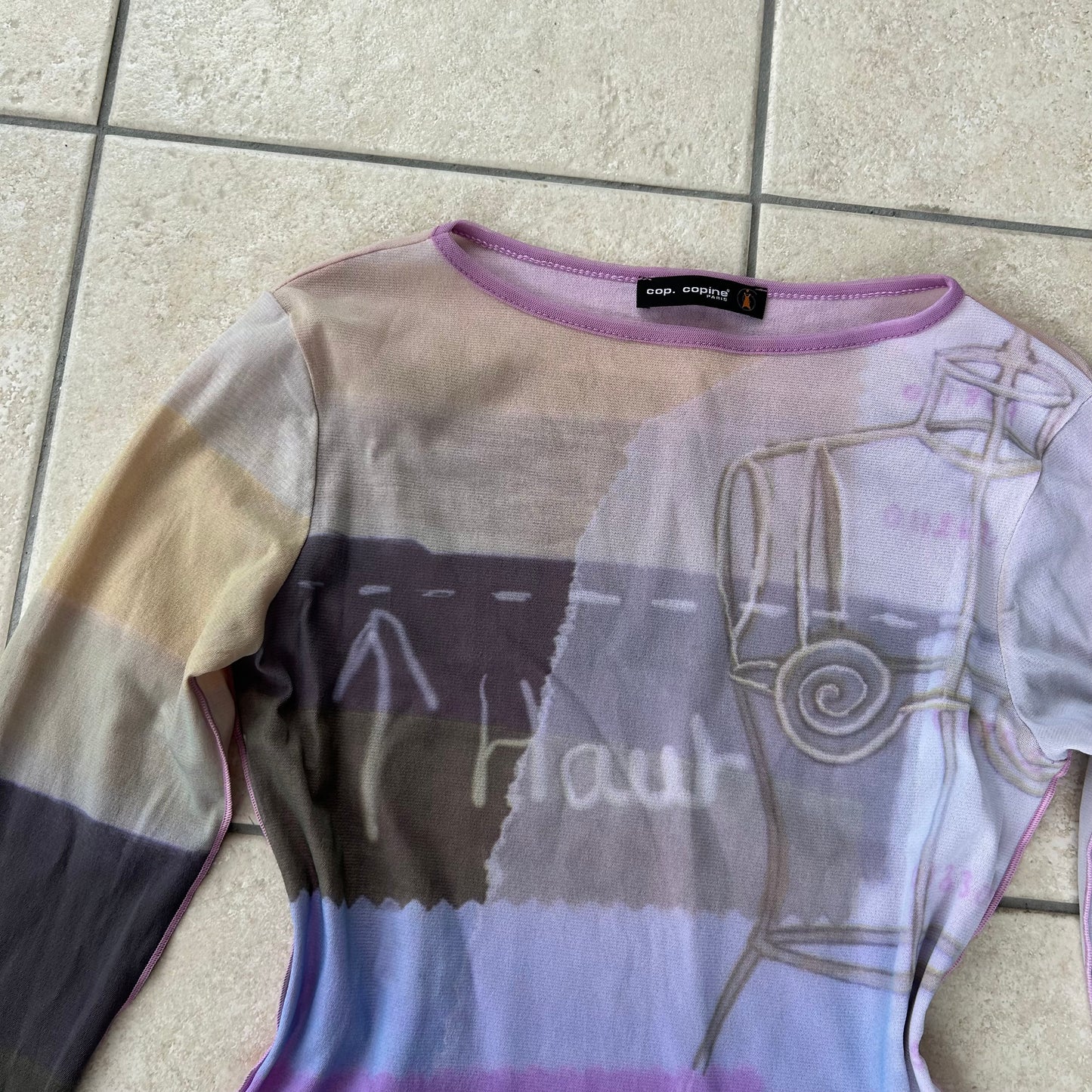 Cop Copine Graphic Mesh Long-Sleeved Top