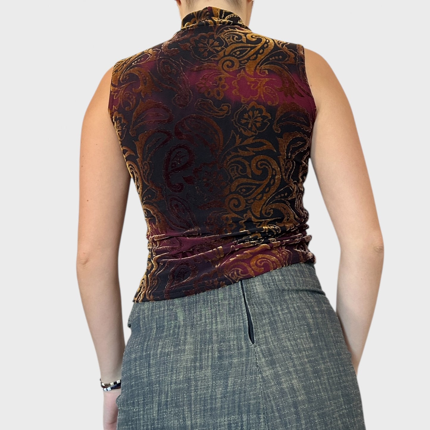 High neck paisley print velvet top