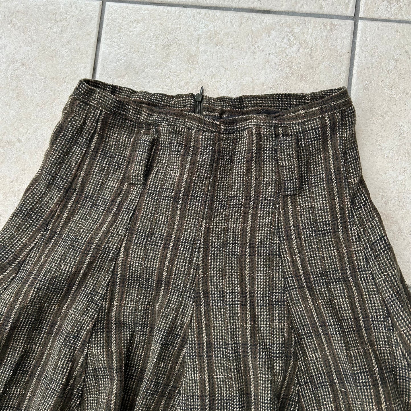 Khaki Brown Midi Layered Skirt with Lace Hem Details