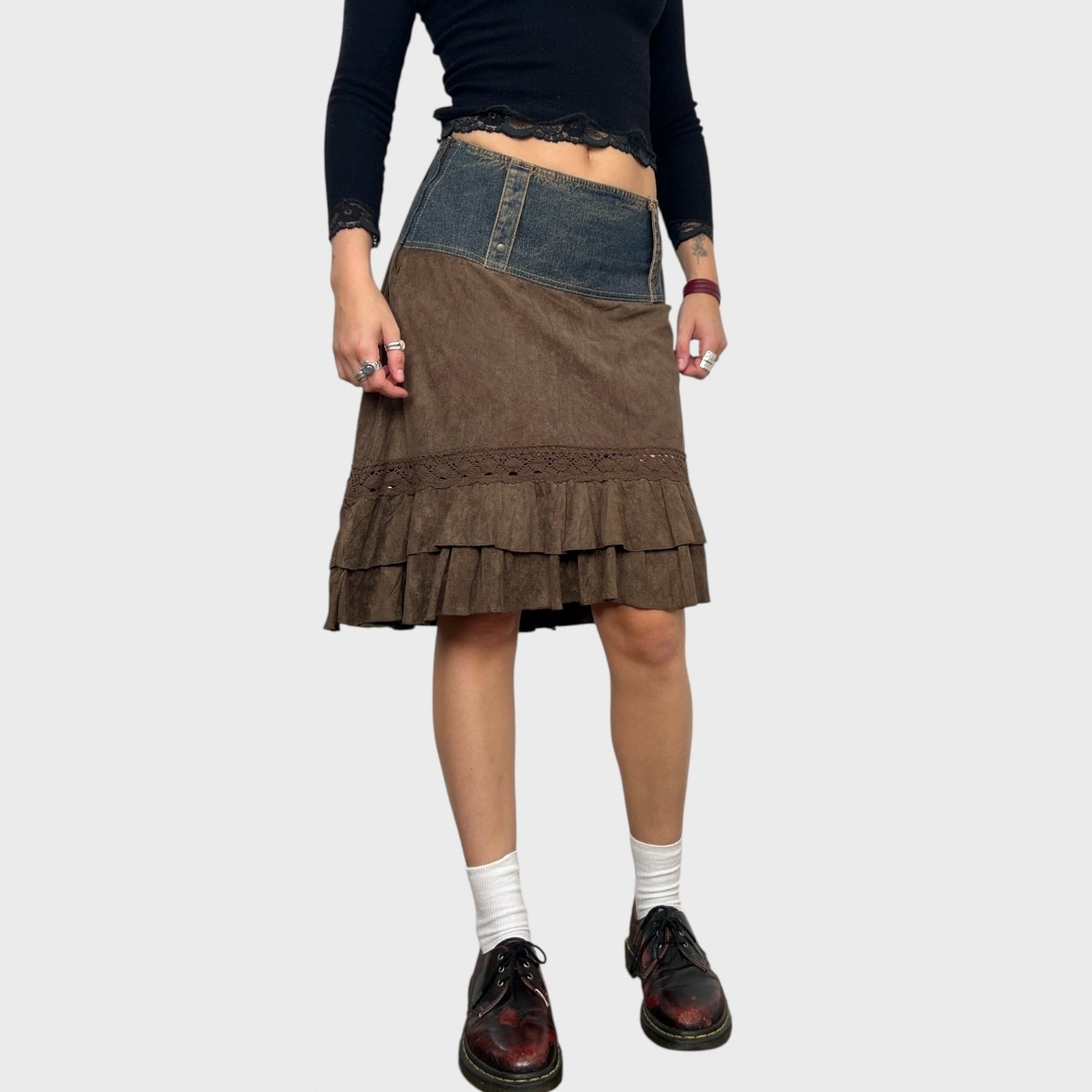 Bi-Material Suede Midi Skirt - S