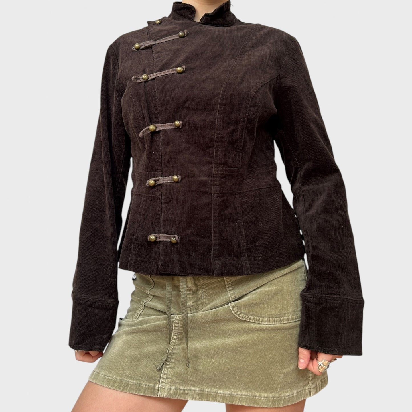 Brown Corduroy Military-Style Button Jacket