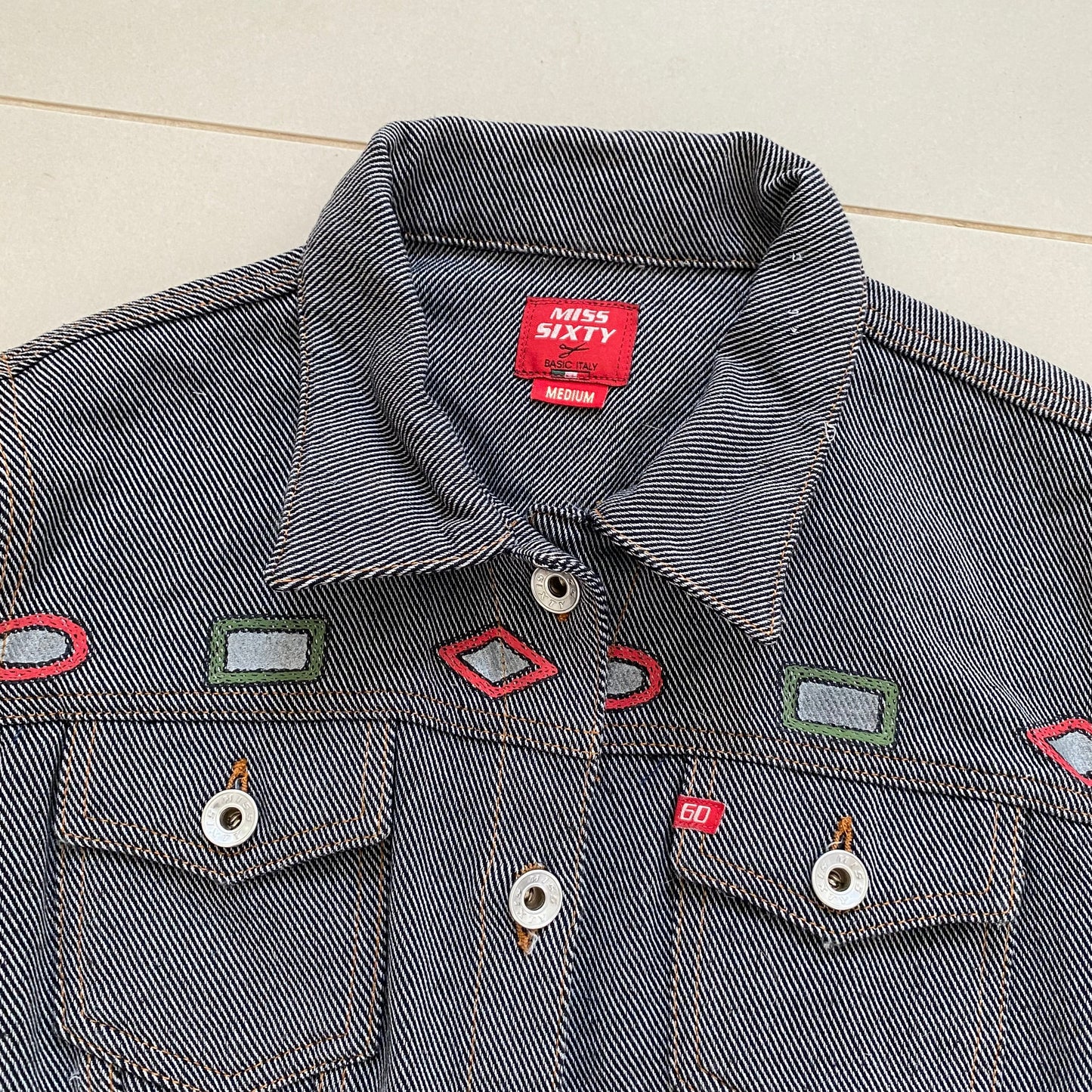 Vintage Miss Sixty grey denim jacket with colourful motifs