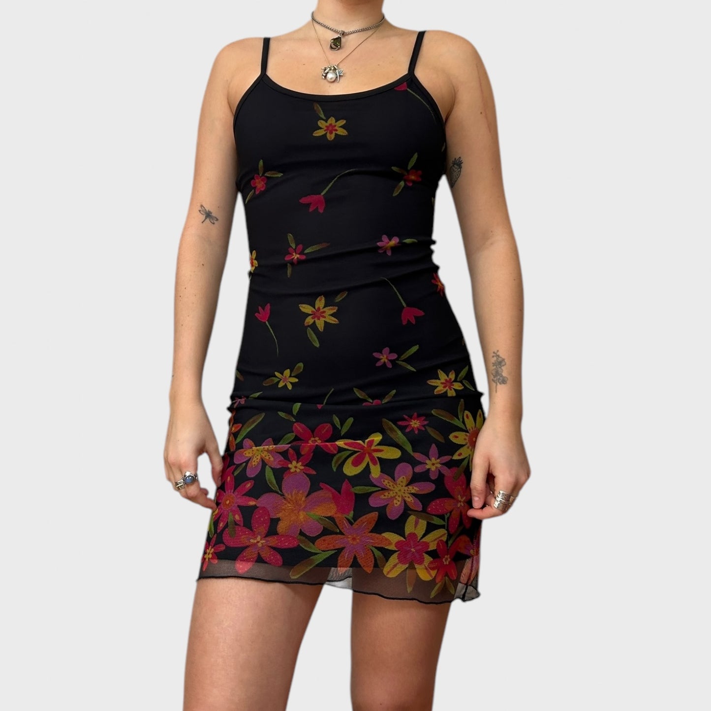 90s Floral Mesh Overlay Black Mini Dress