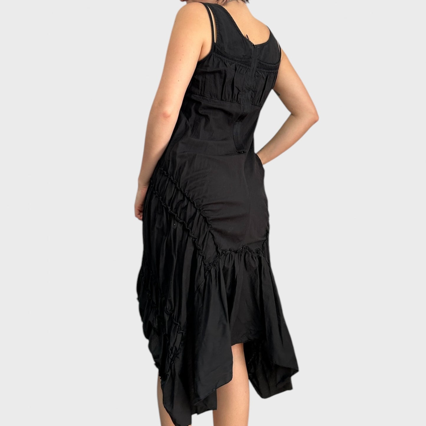 Cop Copine Black Archival Ruched Asymmetric Hem Midi Dress