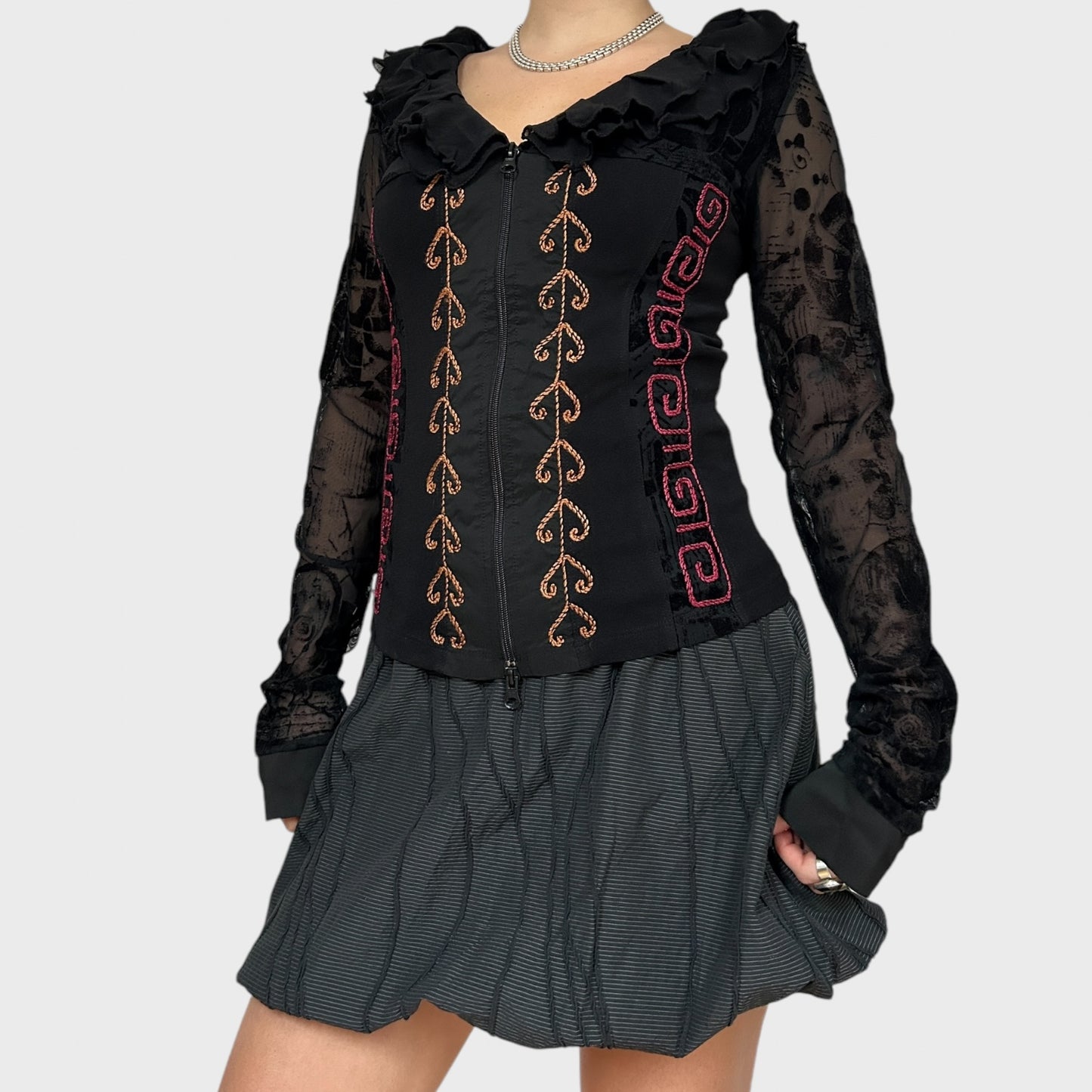 Save the Queen Double-Zip Long Sleeve Mesh Top