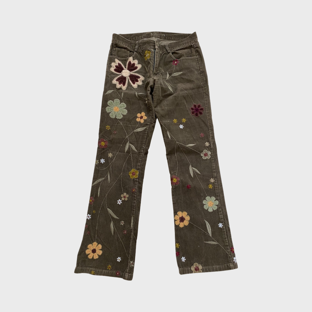 Brown corduroy floral embroidered trousers