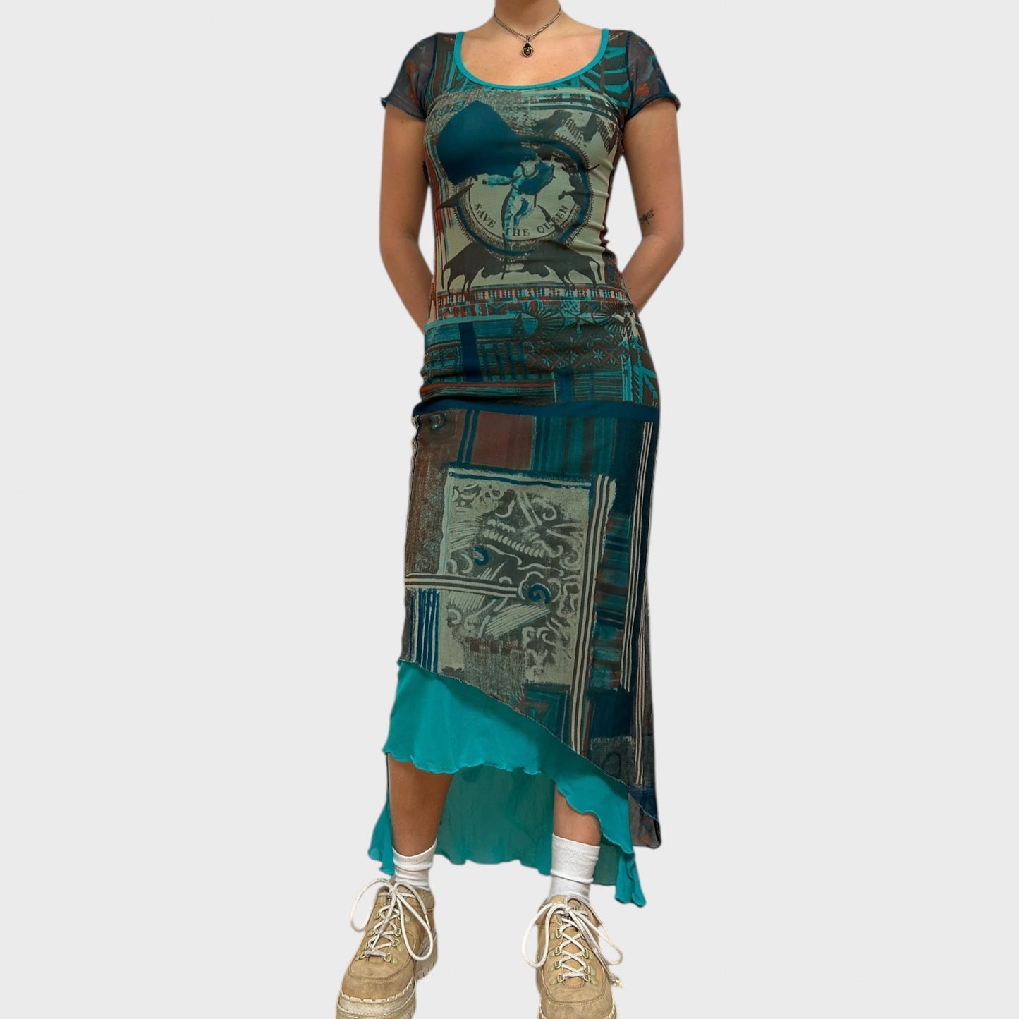 Rare Save the Queen Graphic Mesh Maxi Dress